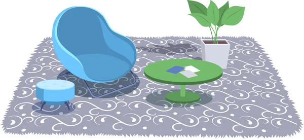 Moderní kreslený obývací pokoj s nábytkem, kobercem a rostlinami. Útulný interiér s křeslem a stolem — Stockový vektor