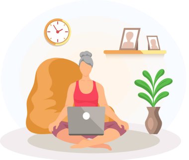 Gözleri kapalı yaşlı bir kadın Lotus pozisyonunda bilgisayarla oturuyor. Laptoplu yaşlı kadın meditasyon yapıyor.