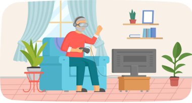 Sanal gerçeklik gözlüklü yaşlı adam video oyunları oynuyor. Oyun alanı olan son sınıf öğrencisi konsolda oynar