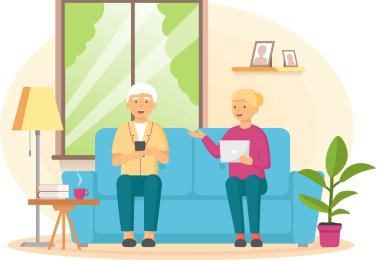 Yaşlı bir adam ve kadın internette birlikte sörf yapıyor. Teknoloji ile savaşan mutlu yaşlı çift