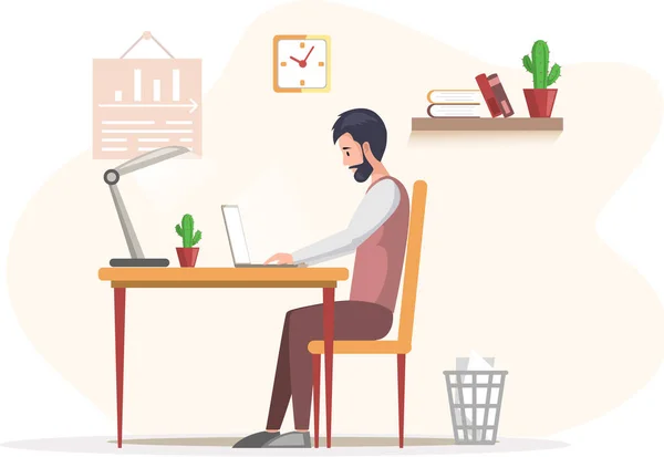 Bearded man, working person sitting at table in room and correspondence surfing Internet — Stock Vector
