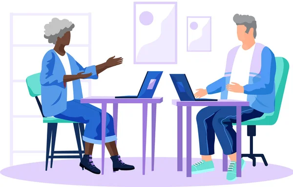 Personas mayores con computadora, hombre y mujer de edad avanzada PC que trabajan con la tecnología y los aparatos modernos — Archivo Imágenes Vectoriales