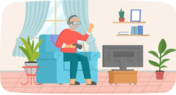 Vecchio in occhiali di realtà virtuale giocare ai videogiochi. Persona anziana con gamepad gioca su console — Vettoriale Stock