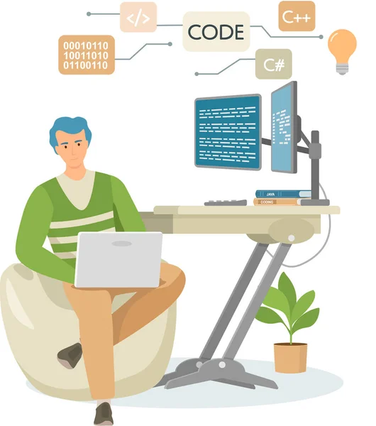 Programátorská technika a kódování. Programátor pracující na vývoji webu na počítačích — Stockový vektor