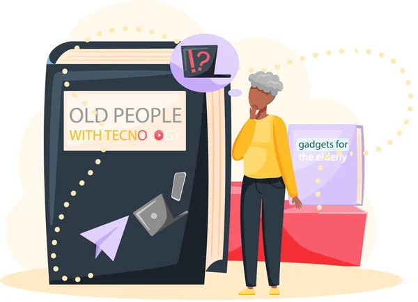 Γέροι με τεχνολογία, συνταξιούχοι με φορητό υπολογιστή μαθαίνουν να δουλεύουν με υπολογιστή, gadgets για ηλικιωμένους — Διανυσματικό Αρχείο