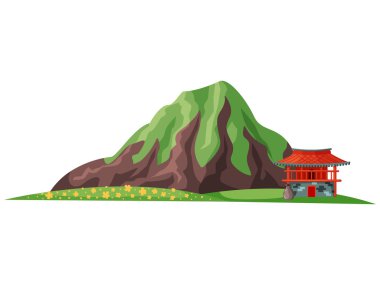 Japonya, yüksek dağın önündeki yeşil tepeli ahşap çatılı geleneksel Asya kırmızı binasını görüyor