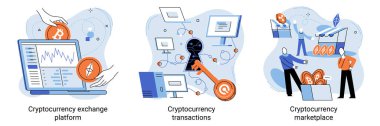 Kripto döviz platformu, bitcoin işlemleri, kripto para birimi pazar vektörü seti