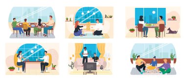 Aile oyun sahnesi seti. İnsanlar ve çocuklar eğleniyor, evde birlikte vakit geçiriyorlar.