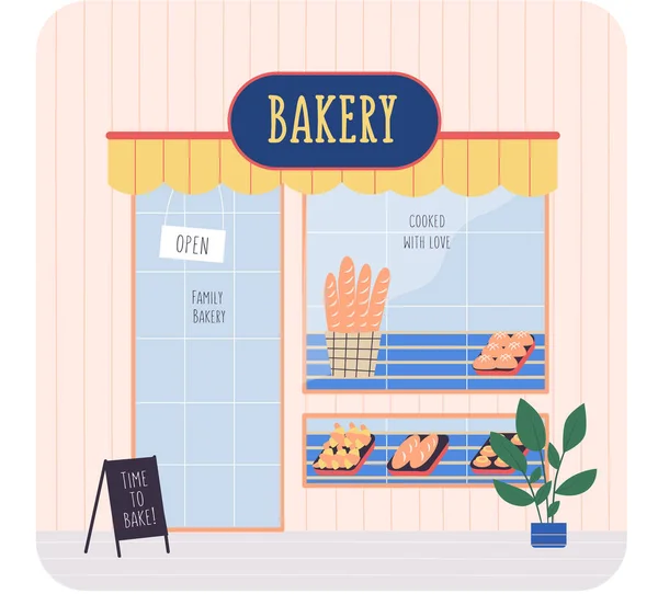 Panadería fachada edificio de la tienda, toldo con letrero. Horneado, panadería, pastelería y postre — Archivo Imágenes Vectoriales