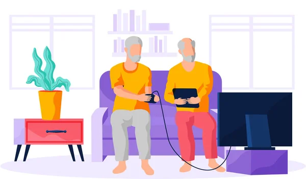 Anciano sentado y jugando videojuegos con un amigo. Las personas mayores utilizan la informática y la tecnología — Vector de stock
