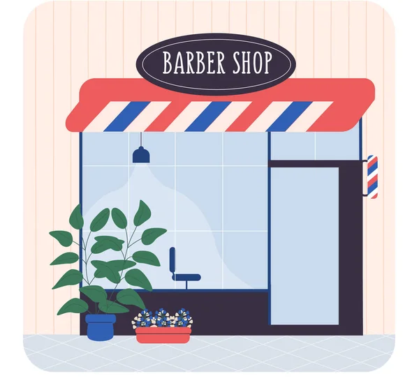 Facade barbershop. Signboard with emblem and awning. Concept street building facade barbershop — Stock Vector