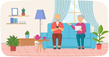 Yaşlı çift modern cihazlarla uğraşır, bilgisayar tabletleriyle rahatlar, akıllı telefonlara dokunurlar.