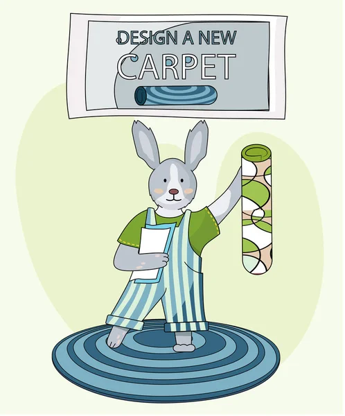 Navrhnout novou koncepci koberce. Karikatura znak králík stojící drží koberec v dětském pokoji — Stockový vektor