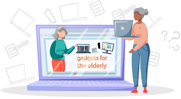 Online lezingen en trainingsgadgets voor ouderen, moderne communicatiemiddelen digitale technologie — Stockvector