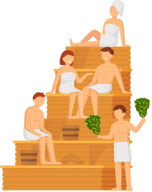 Sauna ve buhar odası. Saunada bir grup insan. İnsanlar banya 'da huş süpürgeleriyle rahatlar ve buharlaşır.