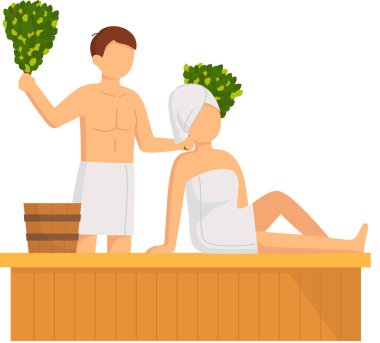 Sauna ve buhar odası. Erkek ve kadın saunada. İnsanlar banya 'da huş süpürgeleriyle rahatlar ve buharlaşır.