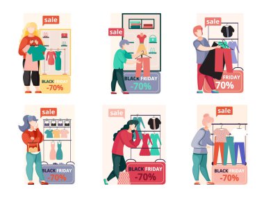 Giysi mağazasındaki kadınlar Kara Cuma günü. Mevsimlik indirimler, indirimli kıyafetler. Dükkanda kapanış