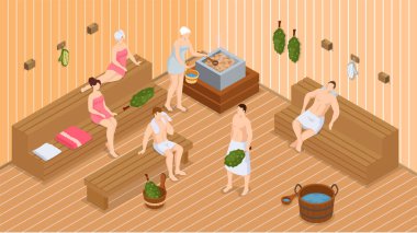 Sauna ve buhar odası. Saunada bir grup insan. İnsanlar banya 'da huş süpürgeleriyle rahatlar ve buharlaşır.