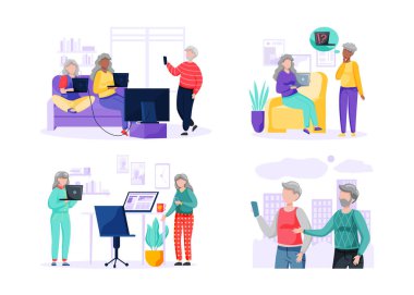 Yaşlılar telefon, oyun konsolu, bilgisayar, tablet ve dizüstü bilgisayar kullanarak yeni teknolojiler öğrenmeye çalışıyorlar.