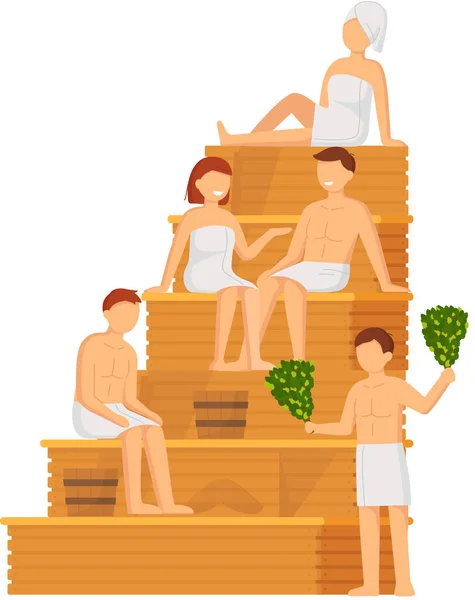 Sauna et hammam. Ensemble de personnes dans le sauna. Les gens se détendent et se défoulent avec des balais de bouleau à Banya — Image vectorielle