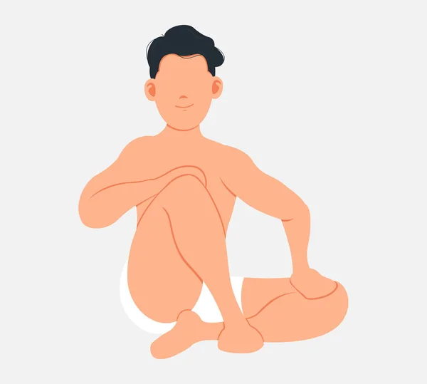 Naked cute man sitting isolated on white. Young male character sitting cross legged front view — Wektor stockowy