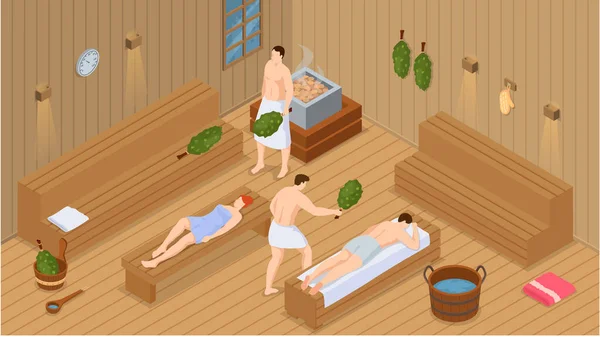 Sauna y sala de vapor. Conjunto de personas en sauna. La gente se relaja y vapor con escobas de abedul en banya — Archivo Imágenes Vectoriales