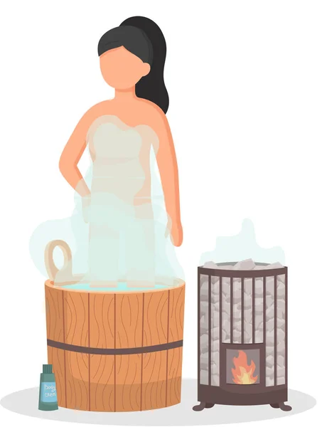 Mladá žena sedí ve vaně a myje si tělo v sauně. Koupaliště, dívka v sudu odpočívá v sauně. — Stockový vektor