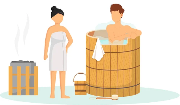 Personaggi delle persone dei cartoni animati che fanno il bagno turco insieme. Relax, salute, stabilimento balneare, procedura benessere — Vettoriale Stock