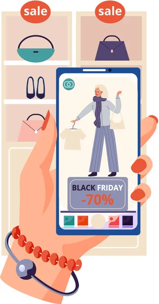 Mobile online shopping. People buy clothes and accessories in online shops, black friday sale — Stock vektor