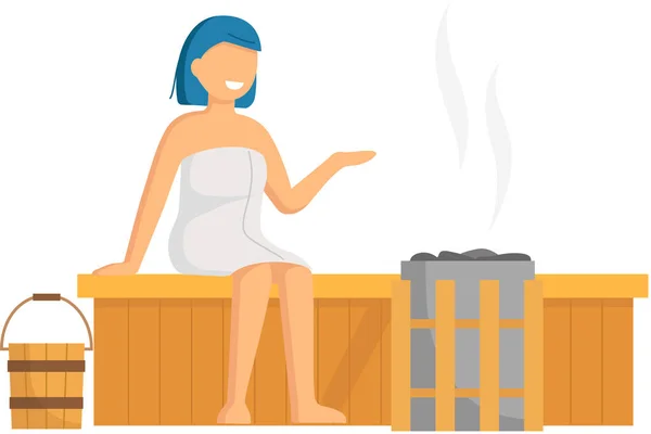 Mujer con toalla de baño sentarse en un banco de madera en la sauna de vapor caliente. Relajante y bienestar en el centro de spa — Archivo Imágenes Vectoriales