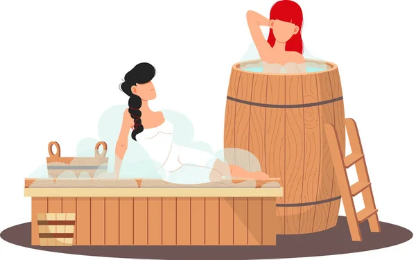 Mujer con toalla de baño sentarse en un banco de madera en la sauna de vapor caliente. Relajante y bienestar en el centro de spa — Vector de stock