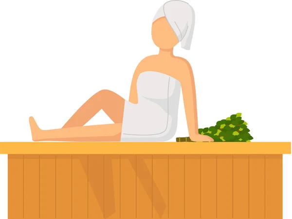 Woman wearing bath towel sit on wooden bench at hot steam sauna. Relaxing and wellness in spa center — Stock Vector