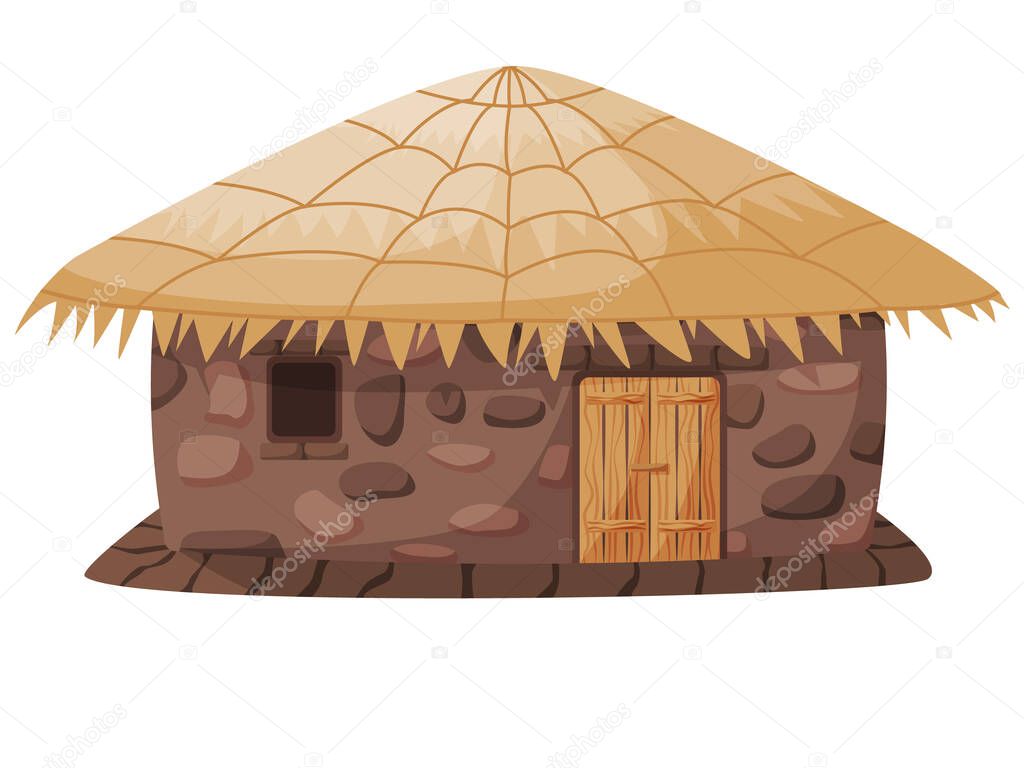 Country hut, house of stones and clay with thatched roof isolated on white. Cute small poor shack