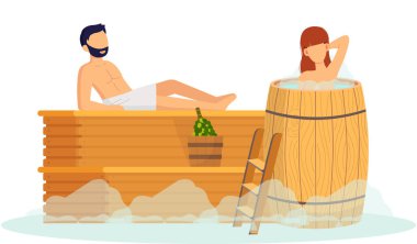 Çizgi filmdeki karakterler birlikte buhar banyosu yapıyorlar. Rahatlayın, sağlık, hamam, sağlık prosedürü