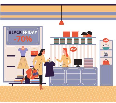 Giysi mağazasındaki kadınlar Kara Cuma günü. Mevsimlik indirimler, indirimli kıyafetler. Dükkanda kapanış