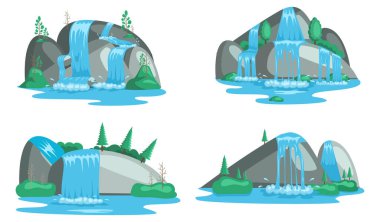 Şelale seti. Kayalık beyaz arka plandan nehir şelalesi düşüyor. Su damlaları