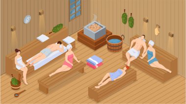 Sauna ve buhar odası. Saunada bir grup insan. İnsanlar banya 'da huş süpürgeleriyle rahatlar ve buharlaşır.