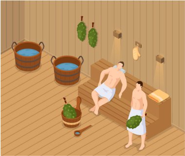 Sauna ve buhar odası. İnsanlar banya 'da yeşil süpürgelerle rahatlıyor ve buhar oluyor. Sağlık prosedürü.