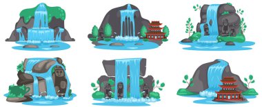 Şelale seti. Kayalık beyaz arka plandan nehir şelalesi düşüyor. Su damlaları