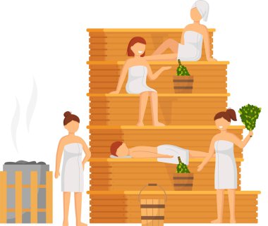 Sauna ve buhar odası. Saunada bir grup insan. İnsanlar banya 'da huş süpürgeleriyle rahatlar ve buharlaşır.