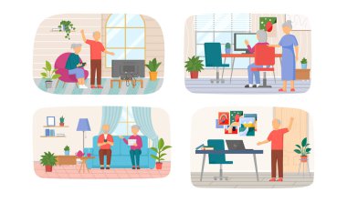 Yaşlılar hakkındaki çizimler modern aletlerle ilgili. Yaşlılar teknolojide ustalaşıyor.