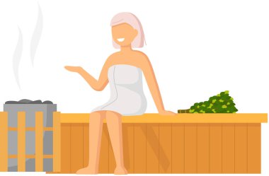 Banyo havlusu giymiş bir kadın sıcak buhar saunasında ahşap bankta oturuyor. Spa merkezinde rahatlama ve sağIık