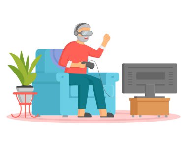 Yaşlı adam playstation 'da video oyunu oynuyor. Sunucu konsol denetleyici ile video oyunu oynuyor