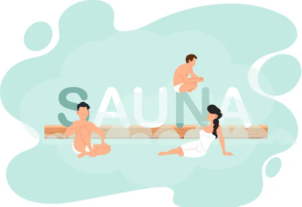 Sauna y sala de vapor. Conjunto de personas en sauna. La gente se relaja y vapor con escobas de abedul en banya — Archivo Imágenes Vectoriales