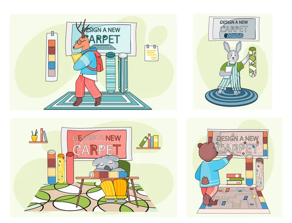 Navrhnout nový koberec. Kreslený zvířecí charakter v dětském pokoji s různými koberečky scény set — Stockový vektor