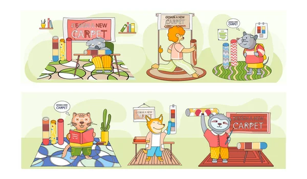 Navrhnout nový koberec. Kreslený zvířecí charakter v dětském pokoji s různými koberečky scény set — Stockový vektor