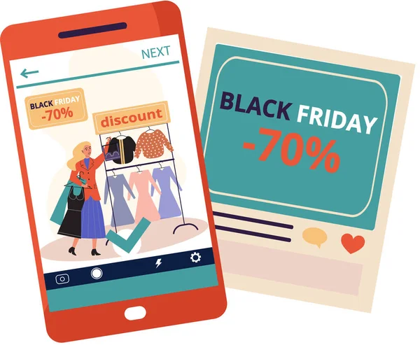 Compras móviles en línea. La gente compra ropa y accesorios en tiendas en línea, venta de viernes negro — Vector de stock