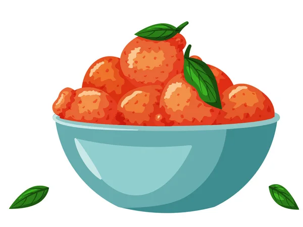 Mandarins arrancados com galho e folhas. tangerinas suculentas de laranja em tigela azul isolada em branco —  Vetores de Stock