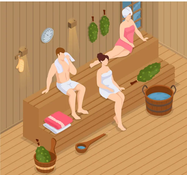 Sauna and steam room. Set of people in sauna. People relax and steam on wooden bench together — Wektor stockowy