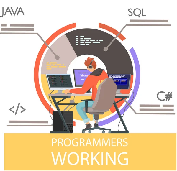 プログラマ工学とコーディング。コンピュータ上でWeb開発を行うプログラマー — ストックベクタ